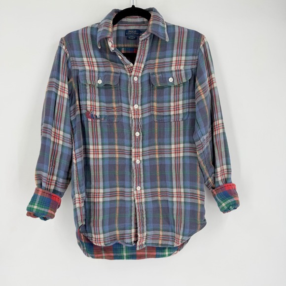 Polo Ralph Lauren Flannel Shirt Women S Blue Plaid Relaxed Fit Cabincore Grunge - Picture 2 of 12